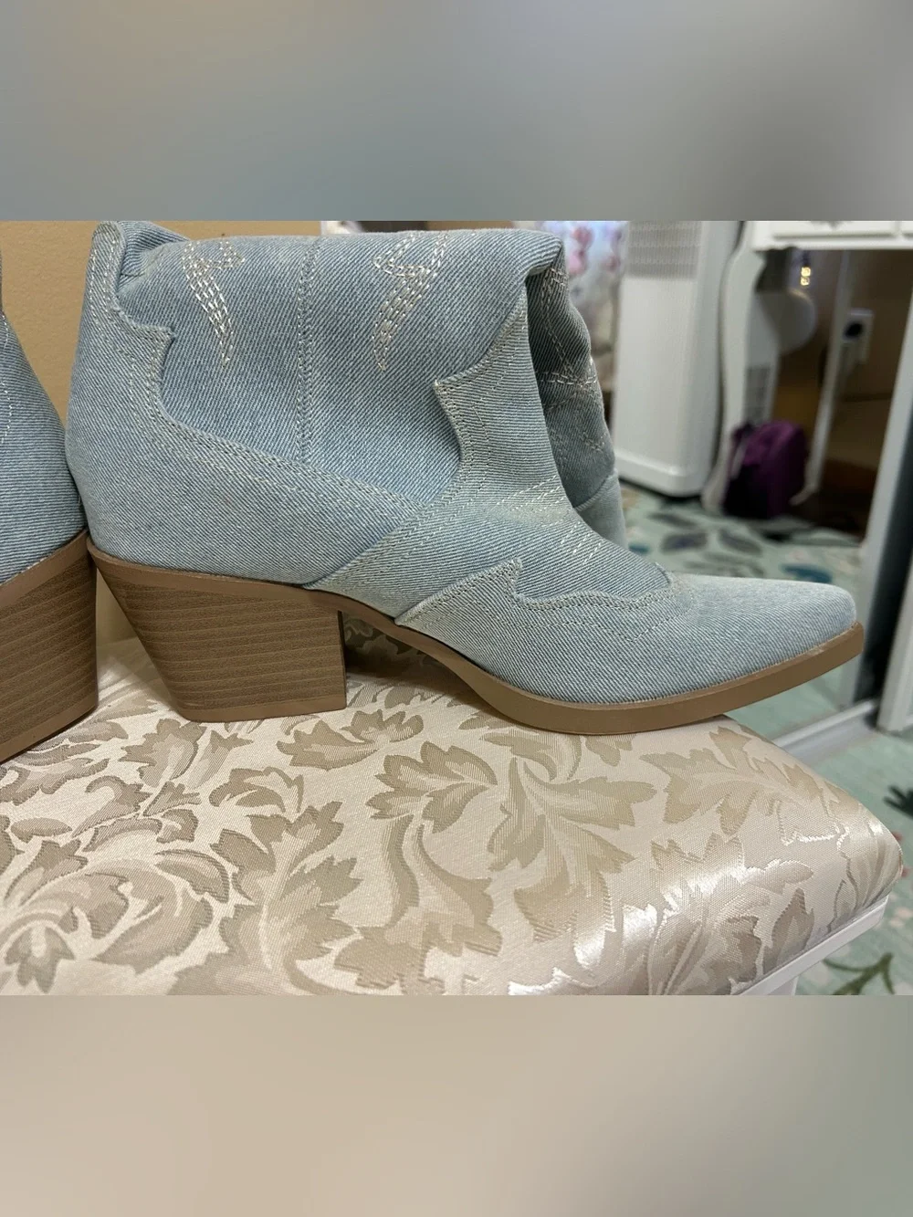 Bershka Light Blue Embroidered Over-the-Knee Western Boots